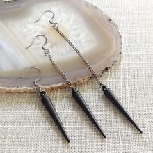 Load image into Gallery viewer, Black Spike Earrings, Your Choice of Three Lengths, Long Dangle Chain Earrings