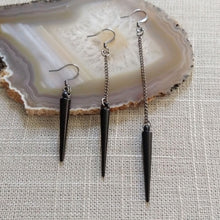Load image into Gallery viewer, Black Spike Earrings, Your Choice of Three Lengths, Long Dangle Chain Earrings