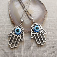 Load image into Gallery viewer, Hamsa Evil Eye Necklace on Gunmetal Rolo Chain