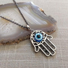 Load image into Gallery viewer, Hamsa Evil Eye Necklace on Gunmetal Rolo Chain