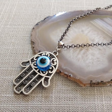 Load image into Gallery viewer, Hamsa Evil Eye Necklace on Gunmetal Rolo Chain