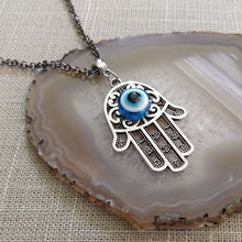 Load image into Gallery viewer, Hamsa Evil Eye Necklace on Gunmetal Rolo Chain