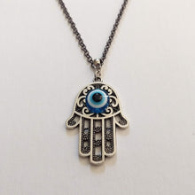 Load image into Gallery viewer, Hamsa Evil Eye Necklace on Gunmetal Rolo Chain