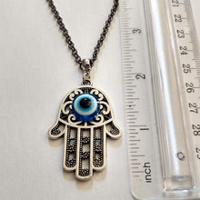 Load image into Gallery viewer, Hamsa Evil Eye Necklace on Gunmetal Rolo Chain