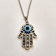 Load image into Gallery viewer, Hamsa Evil Eye Necklace on Silver Rolo Chain