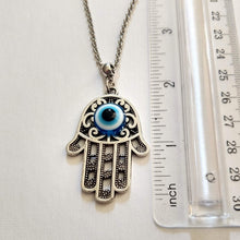 Load image into Gallery viewer, Hamsa Evil Eye Necklace on Silver Rolo Chain