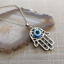 Load image into Gallery viewer, Hamsa Evil Eye Necklace on Silver Rolo Chain
