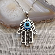 Load image into Gallery viewer, Hamsa Evil Eye Necklace on Silver Rolo Chain