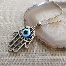 Load image into Gallery viewer, Hamsa Evil Eye Necklace on Silver Rolo Chain