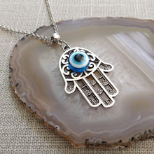 Load image into Gallery viewer, Hamsa Evil Eye Necklace on Silver Rolo Chain