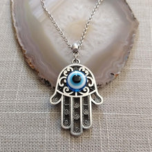 Load image into Gallery viewer, Hamsa Evil Eye Necklace on Silver Rolo Chain