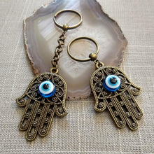 Load image into Gallery viewer, Hamsa Keychain, Evil Eye Backpack Purse Charm, Zipper Pulls, Yoga Zen Reiki Talisman