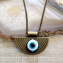 Load image into Gallery viewer, Evil Eye Medallion Necklace, Bronze Rolo Chain, Mens Bohemian Layering Jewelry