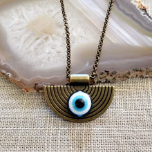 Load image into Gallery viewer, Evil Eye Medallion Necklace, Bronze Rolo Chain, Mens Bohemian Layering Jewelry