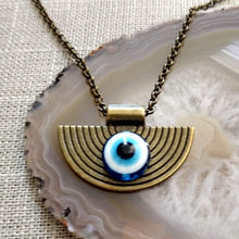 Load image into Gallery viewer, Evil Eye Medallion Necklace, Bronze Rolo Chain, Mens Bohemian Layering Jewelry