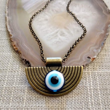 Load image into Gallery viewer, Evil Eye Medallion Necklace, Bronze Rolo Chain, Mens Bohemian Layering Jewelry