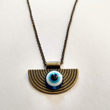 Load image into Gallery viewer, Evil Eye Medallion Necklace, Bronze Rolo Chain, Mens Bohemian Layering Jewelry