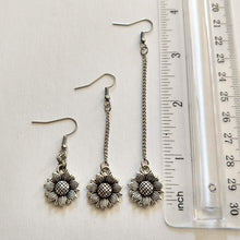 Load image into Gallery viewer, Silver Sunflower Earrings, Your Choice of Three Lengths, Long Dangle Chain Earrings,
