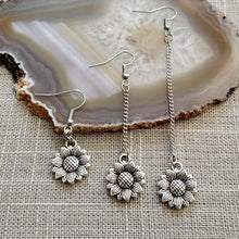 Load image into Gallery viewer, Silver Sunflower Earrings, Your Choice of Three Lengths, Long Dangle Chain Earrings,