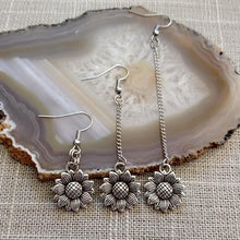 Load image into Gallery viewer, Silver Sunflower Earrings, Your Choice of Three Lengths, Long Dangle Chain Earrings,