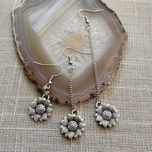 Load image into Gallery viewer, Silver Sunflower Earrings, Your Choice of Three Lengths, Long Dangle Chain Earrings,