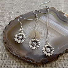 Load image into Gallery viewer, Silver Sunflower Earrings, Your Choice of Three Lengths, Long Dangle Chain Earrings,