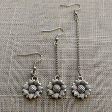 Load image into Gallery viewer, Silver Sunflower Earrings, Your Choice of Three Lengths, Long Dangle Chain Earrings,