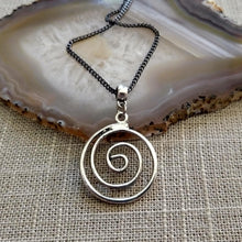 Load image into Gallery viewer, Silver Spiral Necklace on Thin Gunmetal Chain, Mixed Metal Mens Jewelry