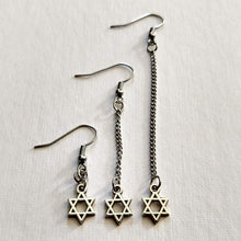 Load image into Gallery viewer, Star of David Earrings, Silver Tiny Jewish Charms in Your Choice of Three Lengths, Long Dangle Chain Earrings
