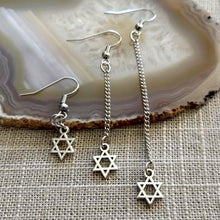 Load image into Gallery viewer, Star of David Earrings, Silver Tiny Jewish Charms in Your Choice of Three Lengths, Long Dangle Chain Earrings