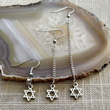 Load image into Gallery viewer, Star of David Earrings, Silver Tiny Jewish Charms in Your Choice of Three Lengths, Long Dangle Chain Earrings