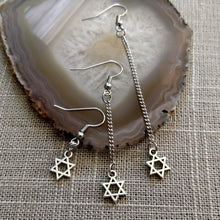 Load image into Gallery viewer, Star of David Earrings, Silver Tiny Jewish Charms in Your Choice of Three Lengths, Long Dangle Chain Earrings