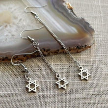 Load image into Gallery viewer, Star of David Earrings, Silver Tiny Jewish Charms in Your Choice of Three Lengths, Long Dangle Chain Earrings