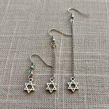 Load image into Gallery viewer, Star of David Earrings, Silver Tiny Jewish Charms in Your Choice of Three Lengths, Long Dangle Chain Earrings