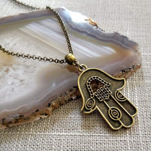 Load image into Gallery viewer, Hamsa Necklace - Hand of Fatima Pendant on Bronze Rolo Chain, Bohemian Layering Jewelry