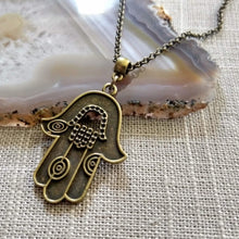 Load image into Gallery viewer, Hamsa Necklace - Hand of Fatima Pendant on Bronze Rolo Chain, Bohemian Layering Jewelry