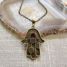 Load image into Gallery viewer, Hamsa Necklace - Hand of Fatima Pendant on Bronze Rolo Chain, Bohemian Layering Jewelry