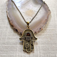 Load image into Gallery viewer, Hamsa Necklace - Hand of Fatima Pendant on Bronze Rolo Chain, Bohemian Layering Jewelry