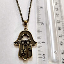 Load image into Gallery viewer, Hamsa Necklace - Hand of Fatima Pendant on Bronze Rolo Chain, Bohemian Layering Jewelry