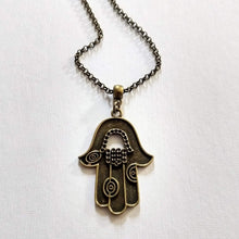 Load image into Gallery viewer, Hamsa Necklace - Hand of Fatima Pendant on Bronze Rolo Chain, Bohemian Layering Jewelry