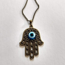 Load image into Gallery viewer, Hamsa Evil Eye Necklace, Hand of Fatima Protection Talisman on Rolo Chain, Bohemian Layering Jewelry