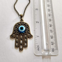 Load image into Gallery viewer, Hamsa Evil Eye Necklace, Hand of Fatima Protection Talisman on Rolo Chain, Bohemian Layering Jewelry