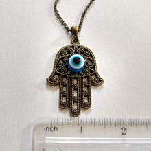 Load image into Gallery viewer, Hamsa Evil Eye Necklace, Hand of Fatima Protection Talisman on Rolo Chain, Bohemian Layering Jewelry