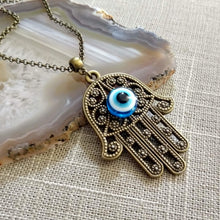 Load image into Gallery viewer, Hamsa Evil Eye Necklace, Hand of Fatima Protection Talisman on Rolo Chain, Bohemian Layering Jewelry