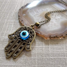 Load image into Gallery viewer, Hamsa Evil Eye Necklace, Hand of Fatima Protection Talisman on Rolo Chain, Bohemian Layering Jewelry