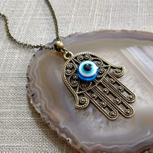 Load image into Gallery viewer, Hamsa Evil Eye Necklace, Hand of Fatima Protection Talisman on Rolo Chain, Bohemian Layering Jewelry
