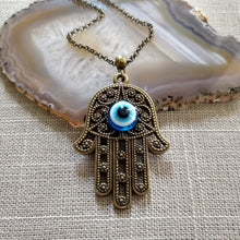 Load image into Gallery viewer, Hamsa Evil Eye Necklace, Hand of Fatima Protection Talisman on Rolo Chain, Bohemian Layering Jewelry
