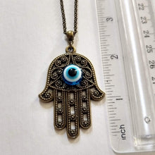 Load image into Gallery viewer, Hamsa Evil Eye Necklace, Hand of Fatima Protection Talisman on Rolo Chain, Bohemian Layering Jewelry