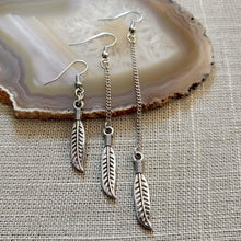 Load image into Gallery viewer, Feather Earrings, Silver Earrings in Your Choice of Five Lengths, Dangle Long Chain
