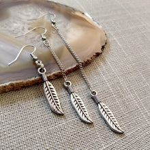 Load image into Gallery viewer, Feather Earrings, Silver Earrings in Your Choice of Five Lengths, Dangle Long Chain